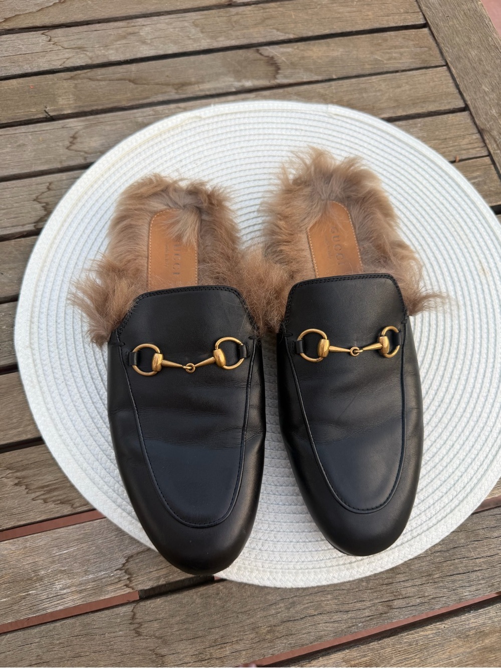Gucci Black Leather Fur-Lined Horsebit Slip-On Mules